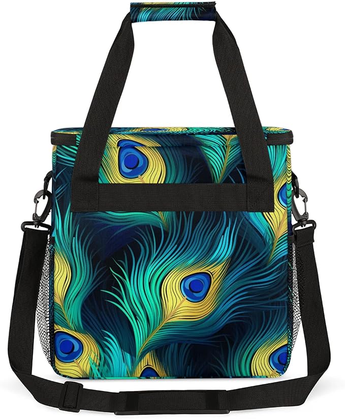 Peacock Bird Feathers Travel Coffee Maker Carrying Bag Large Organizer Storage Tote Bag Insulated Reusable Cooler Grocery Bags