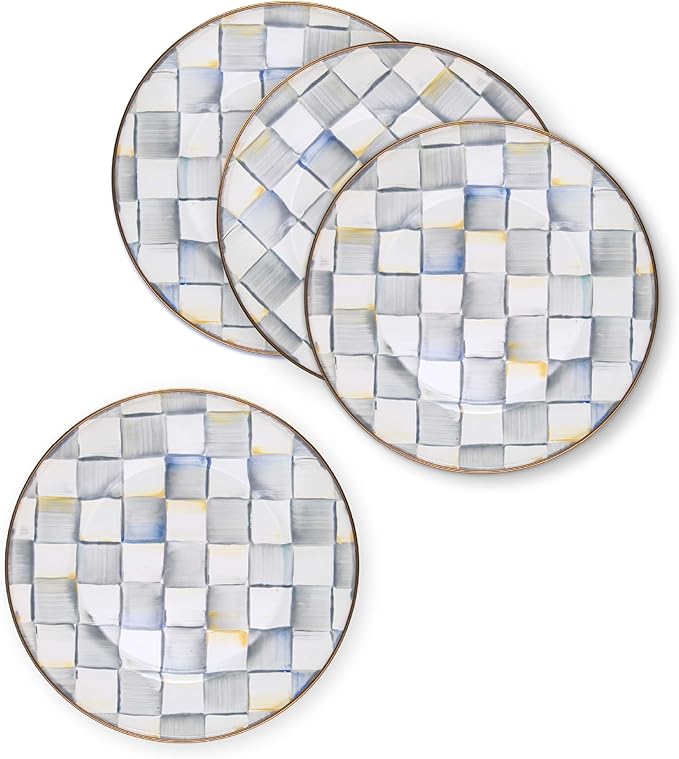 MACKENZIE-CHILDS Enamel Dinner Plate Decorative Dinnerware Plate 10 Inches Set of 4 Gray-and-White Sterling Check