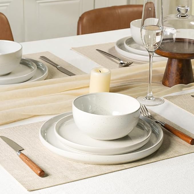 Kitchen Plates and Bowls Set Dinner Set for 4 Handpainted Dinner ware Sets Microwave Safe Plates and Bowls Sets Stone Plate White Stoneware Scratch Resistant (Arctic Frost)