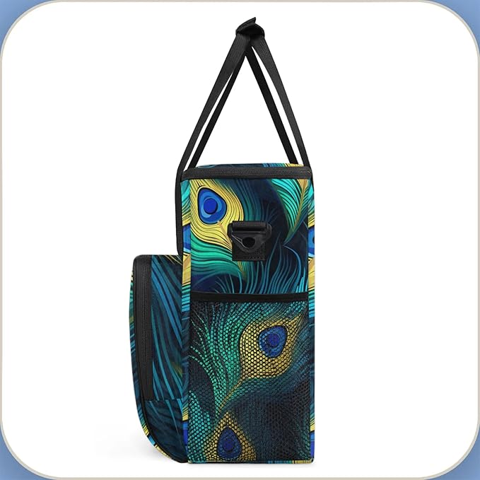 Peacock Bird Feathers Travel Coffee Maker Carrying Bag Large Organizer Storage Tote Bag Insulated Reusable Cooler Grocery Bags
