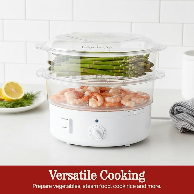 Vegetable Steamer Rice Cooker- 6.3 Quart Electric Steam Appliance with Timer for Healthy Fish Eggs Vegetables Rice Baby Food by Classic Cuisine 11D x 11W x 12.25H