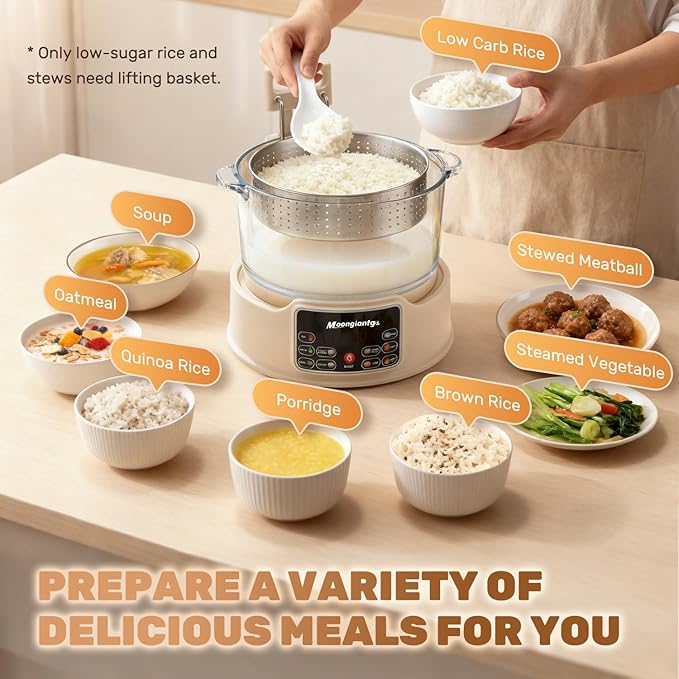 Moongiantgo Low Carb Rice Cooker 3L with Auto Lift Filter Basket Glass Pot Healthy Low Sugar Rice Maker 700W Digital Touch Control 12H Timer &amp Keep Warm Steamer for Porridge Soup Oats Grain