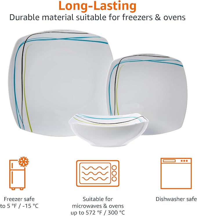 Amazon Basics 18-Piece Kitchen Dinnerware Set - Square Plates Bowls Service for 6 - Gray Soft Lines