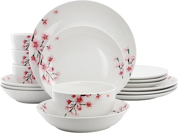 Elama Tamara 16 Piece Cherry Blossom Porcelain Dinnerware Set Service for 4 in White and Pink