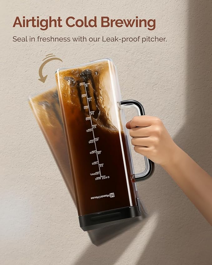 Maestri House Compact Cold Brew Coffee Maker 64oz Iced Tea and Coffee Maker Brewer Space Saving Tritan Pitcher 350 Mesh Filter 100% Leak-Proof