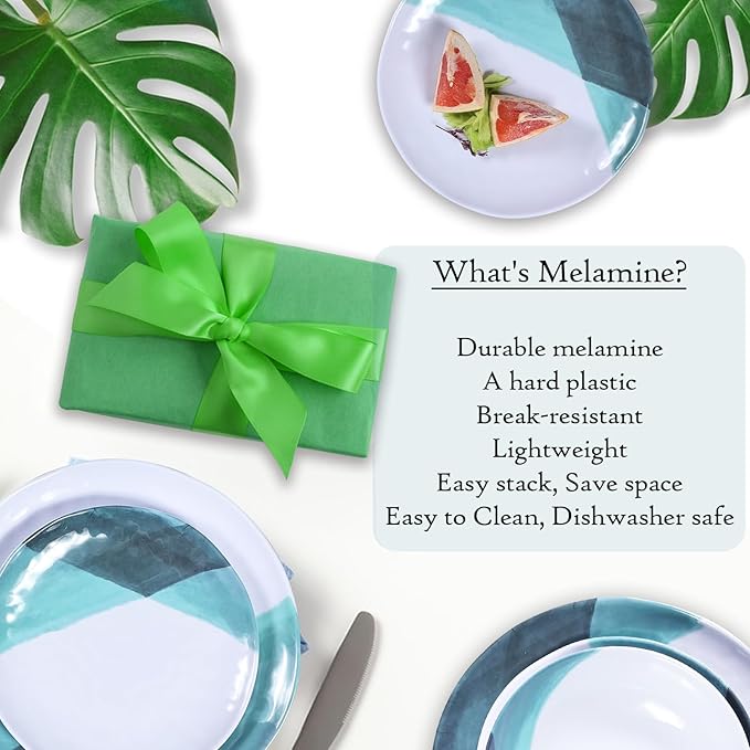 Melamine Plates and Bowls Set - 12pcs Dinnerware Dishes Set for 4 Dinner Plates for Indoor and Outdoor Use Lightweight Break-resistant Green &amp White