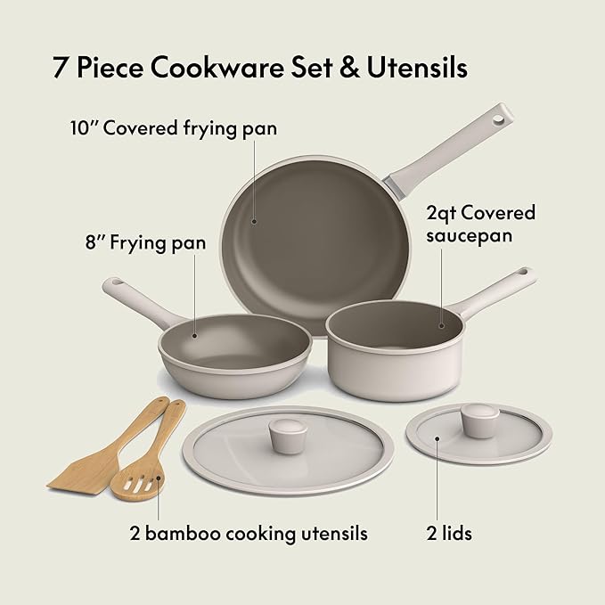 bella 7 Piece Cookware Set with EverGood™ Ceramic Nonstick Coating Dishwasher Safe Oven Safe All Stovetops Compatible Glass Lids with Silicone Rims Cool Touch Handles Oatmilk