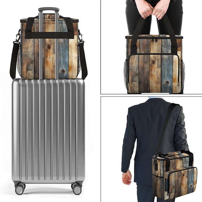 Rustic Wood Pattern Coffee Maker Travel Bag for Keurig K-Mini/K-Mini Plus Insulated Waterproof Tote with Pockets for K-Cup Portable Single-Serve Brewer Case
