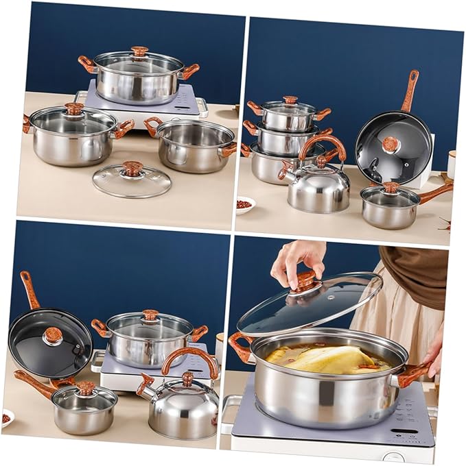 Ciieeo Stainless Steel Cookware Set Heavy-duty Kitchen Cooking Pots and Pans Includes Frying Pan Soup Pot for Everyday Use and Camping