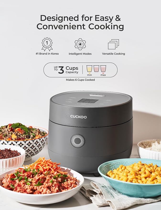 CUCKOO Micom Rice Cooker 3-Cup Uncooked / 6-Cup Cooked with Nonstick Inner Pot Small Rice Maker with 8 Menu Options Fuzzy Logic Technology Auto Clean Quick Rice Mode Gray (CR-0375FG)