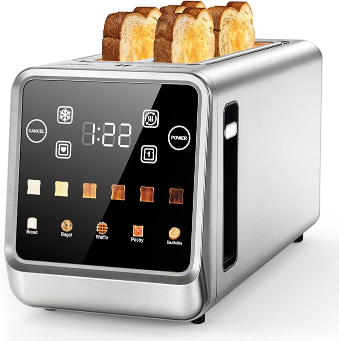 4-Slice Smart Toaster with Digital Touchscreen &amp 1-Touch Memory for Family | Stainless Steel Extra-Wide Long Slots for Bagels &amp Artisan Bread | All-in-One Defrost Reheat &amp Single-Slice M