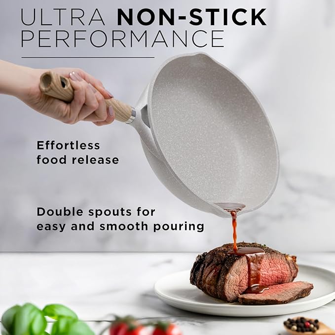 6Pcs Pots and Pans set Die-cast aluminum cookware Kitchen Induction Pots and Pans cooking set PFOA-free GenX-free Oven-safe casserole Frying pans Cream (6-Piece)