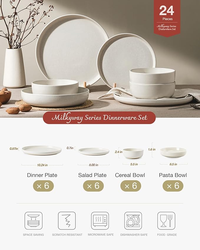 Famiware Milkyway Stoneware Dinnerware Sets with Pasta Bowls Service for 6 (24 Pieces) Reactive Glaze Plates and Bowls Sets Microwave and Dishwasher Safe Dishes Set Matte Beige White