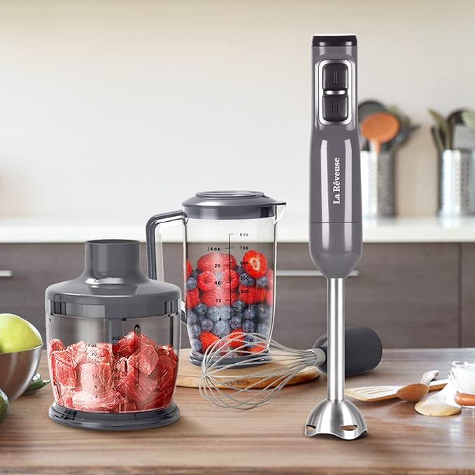 La Reveuse Immersion Blender Handheld 3 in 1 300 Watts 2 Speeds Multi-purpose with WhiskMixing BeakerFood Chopper Grinder attachments