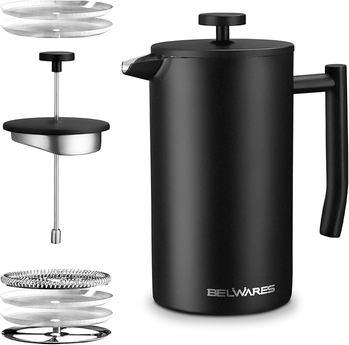 Belwares French Press Coffee Maker 34 Oz - Insulated Coffee Press Stainless Steel 304 - Double Wall &amp 4 Level Filtration System (1 Liter) - Black
