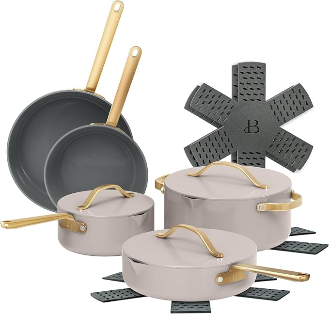 12-Piece Ceramic Non-Stick Cookware Set | Pots &amp Pans with Lids | PFOA-Free Ceramic Coating | Induction Compatible &amp Oven Safe | Gold Handles | Includes Protectors