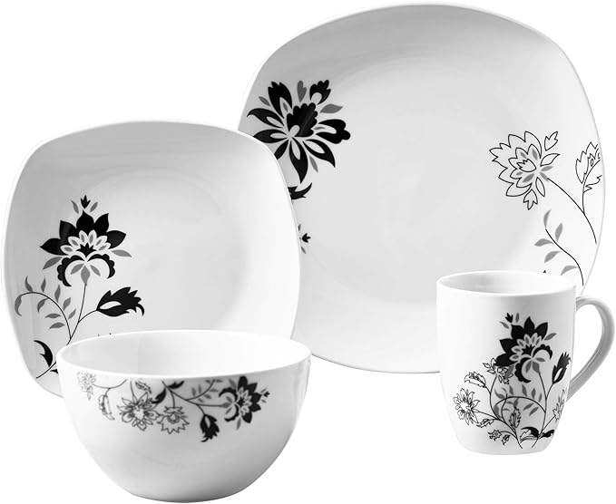16pc Soft Square Porcelain Dinnerware Set Grey White Floral Casual 16 Piece Dishwasher Safe Microwave