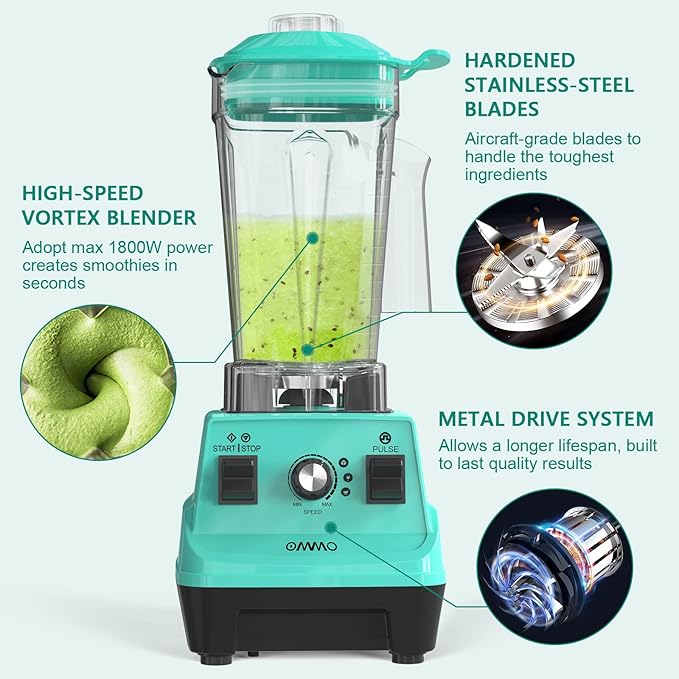 OMMO Blender 1800W Professional High Speed Countertop Blender with Durable Stainless Steel Blades 60oz BPA Free Blender for Shakes and Smoothies Nuts Ice and Fruits Dishwasher Safe