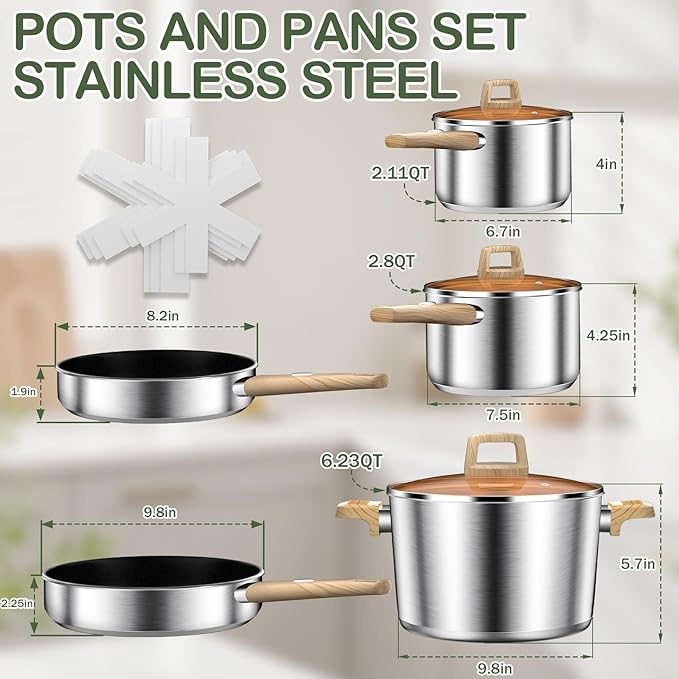 Stainless Steel Cookware Set 13PCS Pots and Pans Set Induction Cookware Kitchen Cooking Set Heavy Duty Tri-Ply Base Dishwasher Safe
