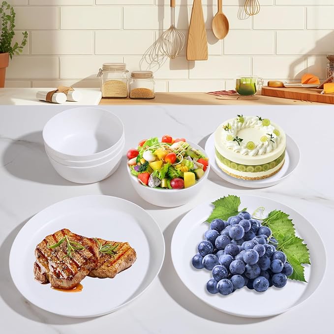 EI 12pcs White Wheat Straw PlatesWheat Straw Dinnerware SetPlates and Bowls SetsUnbreakable Plastic PlatePlastic Plates ReusableDinner Plates Set of 4Plastic Dishes Set