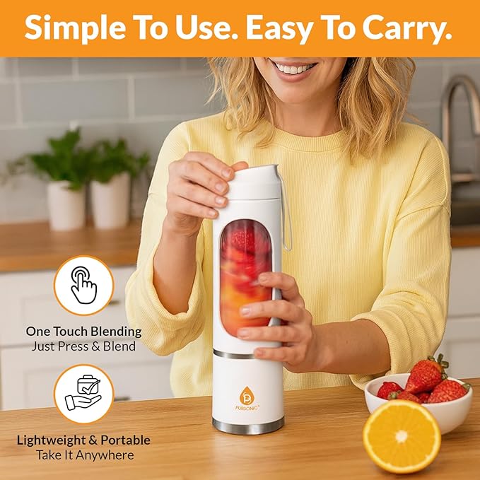 Pursonic Portable Juicer &amp Blender Cup – USB C Charging Mini Smoothie Blender with 50W Motor 12-Blade Power System 3 Speeds – Personal Juice &amp Smoothie Maker (15.2 oz)