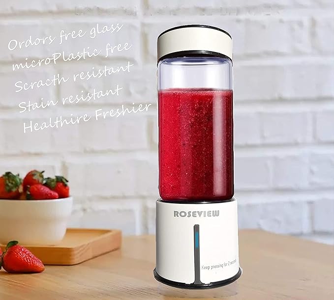 Portable Smoothie blender ROSEVIEW Glass bottle USB rechargeable mini Handheld Ice Shakes Cup 2 blend juicer Cordless Personal smoothies maker Fruit mixer (Egg White)