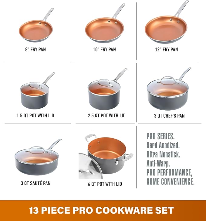 GOTHAM STEEL 13 Pc Ceramic Cookware Set Nonstick Copper Pots and Pans Set Non Stick for Kitchen Anodized Induction Pots and Pans for Cooking Non Toxic Cookware Sets Oven &amp Dishwasher Safe