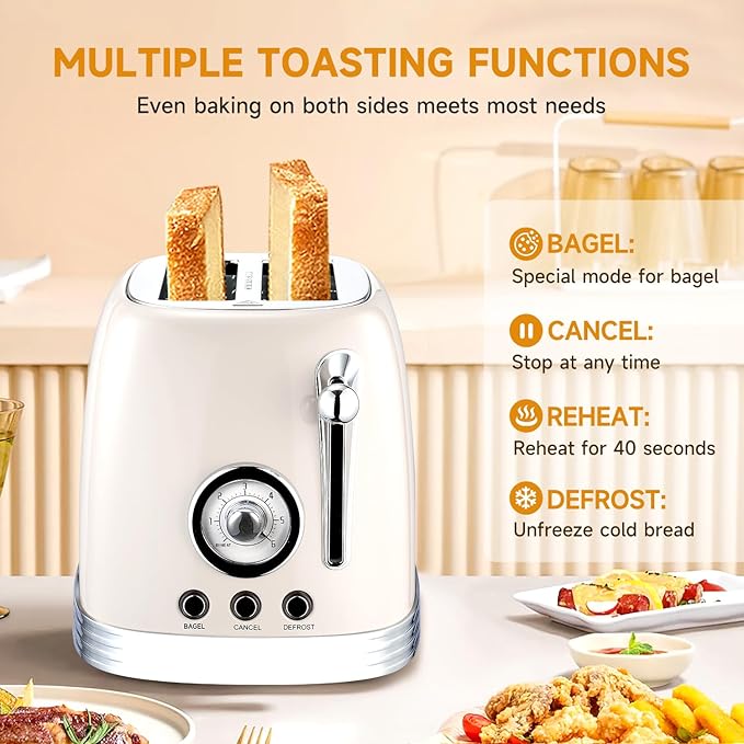 Beige Cute Retro Toaster 2 Slice with 1.58 Wide Slots Bread toaster with Cover and Warm Rack Stainless Steel Toasters with Removable Crumb Tray Preheat Defrost Cancel Function (Cream)