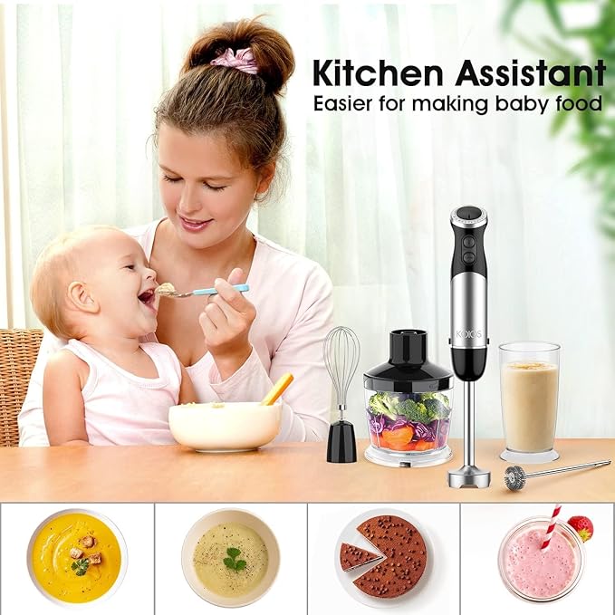 KOIOS Upgraded Immersion Blender Handheld 1000W 12-Speed 5 in 1 Hand Mixer Stick Blender with 304 Stainless Steel BladeFood ProcessorBeakerEgg Whisk&ampMilk FrotherNon-BPASmoothies Purée Baby F