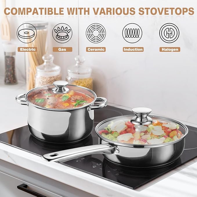 Walchoice 8-Piece Stainless Steel Cookware Set Kitchen Pots and Pans Set with Glass Lid for Cooking Kitchen Cookware Set with Utensils Induction &amp Dishwasher Safe Silver