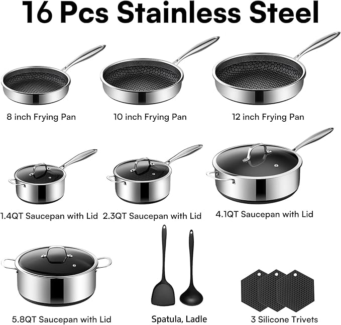16-Piece 5 Ply Stainless Steel Cookware Set with Lids Pots and Pans Set Non Stick Non-Toxic for Induction Oven Dishwasher Safe RV Essentials Kitchen Appliances