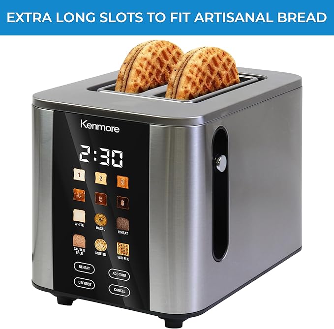 Kenmore 2-Slice Digital Touchscreen Toaster - 900W Stainless Steel Wide Slots 6 Shade Settings Bread Presets Countdown Timer Reheat &amp Defrost Functions Compact Countertop Design tostadora digi