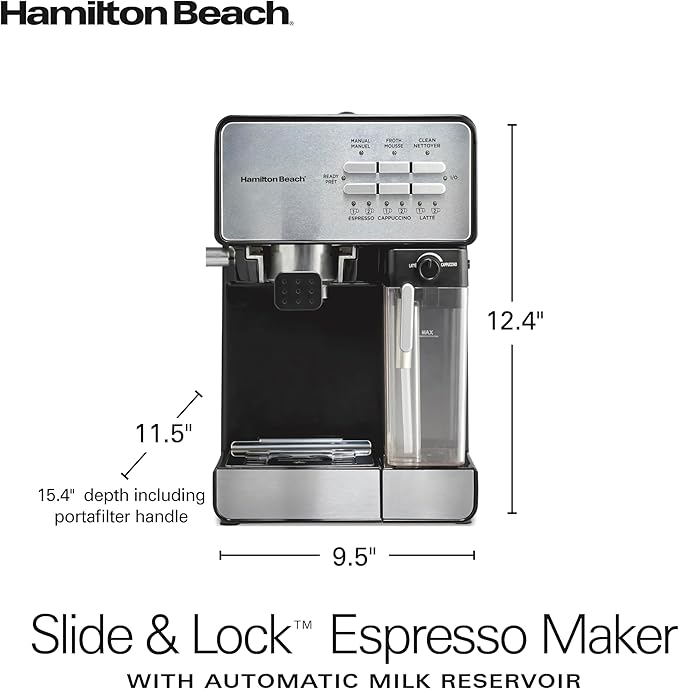 Hamilton Beach Slide and Lock Espresso Machine Programmable Coffee Maker for Café-Quality Cappuccino &amp Latte 15 Bar Pump Milk Frother Steamer Wand 70 oz. Removable Reservoir Black (40750)