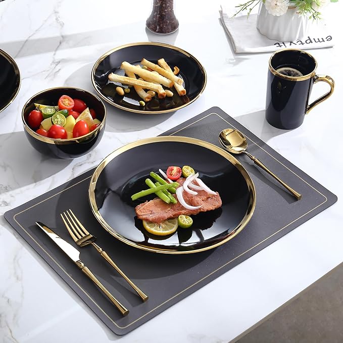 16-Piece Black and Gold Dinnerware Set for 4 Elegant Porcelain Plates and Bowls Set with Golden Rim Modern Luxury Tableware Service Complete Dish Set for Home Dining and Gifts