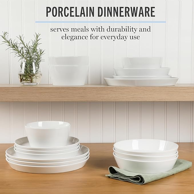 Martha Stewart Selma Chip &amp Scratch Resistant Dinnerware Set Service for 4 (16pcs) – White Plates and Bowls Durable Dishwasher and Microwave Safe Dishes Set for Everyday Use