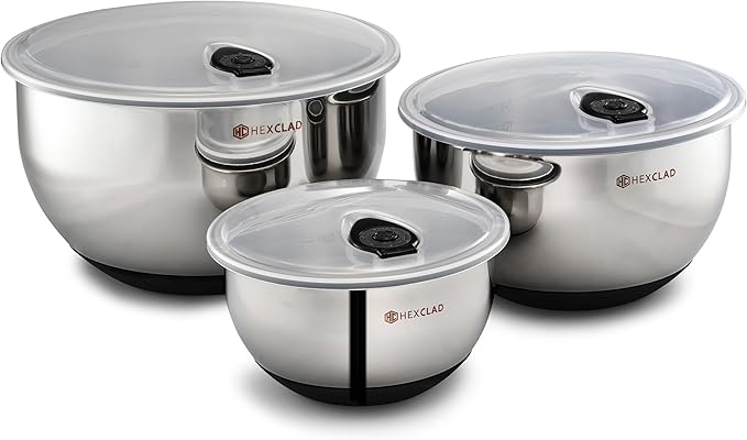 HexClad Stainless Steel Mixing Bowl Set 3-Piece with Vacuum Seal Lids and Non-Slip Base 1.33 and 5 Quarts