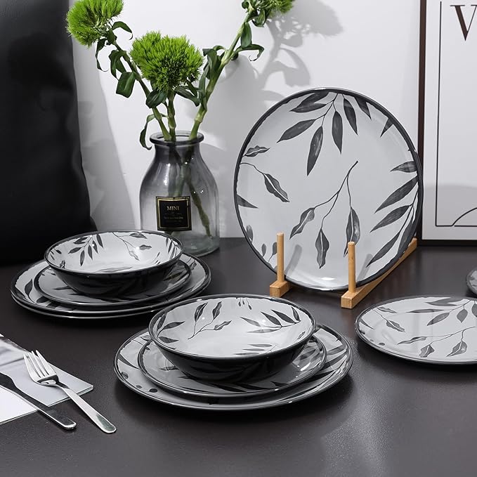 12pcs Melamine Dinnerware Set - Service for 4 Melamine Plates and Bowls Set Unbreakable Dinner Salad Dessert Plate Cereal Bowl Set for Indoor/Outdoor Gray Leaf