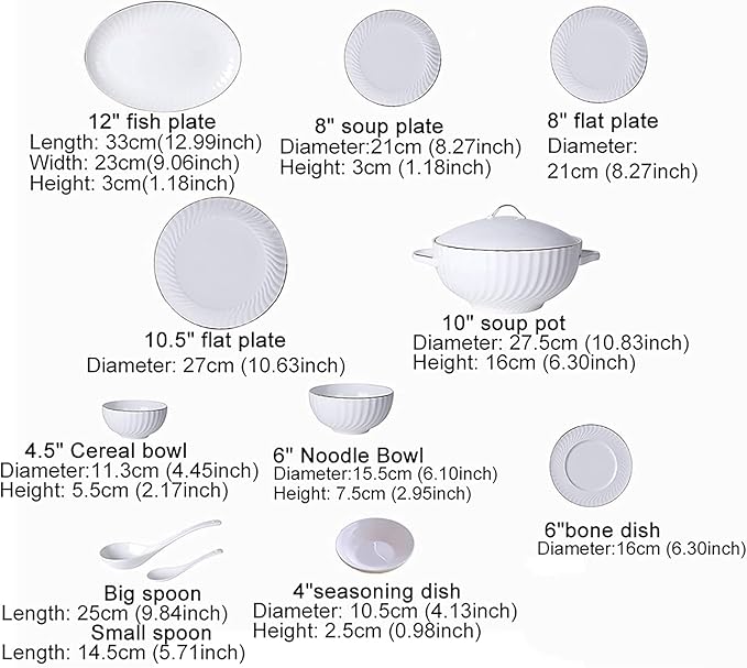 56 Pieces Dinnerware Set White Porcelain Kitchen Fine Bone China Dinner Set with Cereal Bowls Dinner Plate Dessert Plate Deep Soup Plates Fish Plate Dishes Soup Pot