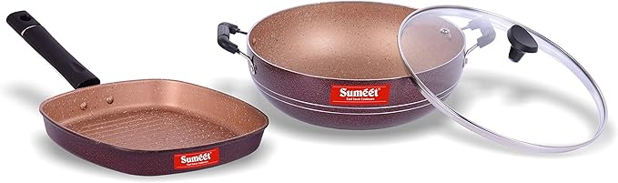 Sumeet Nonstick Granite Finish 2pc SPLENDOR Cookware set (Grill Pan 22cm Dia + Kadhai With Glass Lid - 2.5 Ltr Capacity - 24.5cm Dia)
