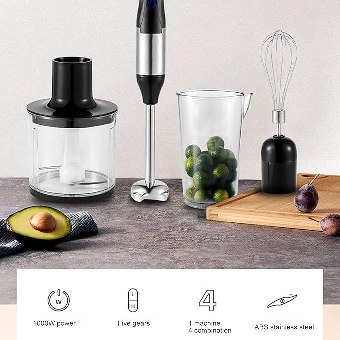4 In 1 Immersion Blender Electric Chopper with Meat Grinder and Veggie Chopper Emulsion Blender with Chopper Egg Whisk Attachment Milk Frother 700ml Mixing Beaker