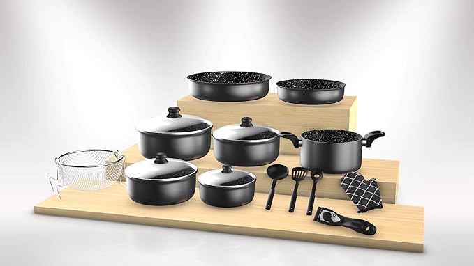 Induction Saucepan Set Saucepan and Pans Set for All Hobs 17 Element Cookware Set Special for Cooking with Marble Coated Pots and Pans and Handle