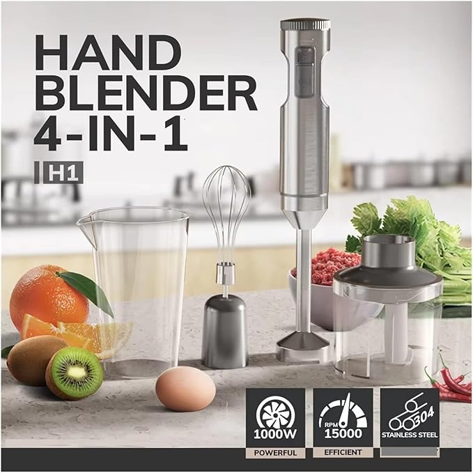 Fit for Hand Immersion Blender - 4-in-1 Stainless Steel Stick Mixer with 700ml Beaker 500ml Processor and Whisk Attachment(EU PLUG_FOUR IN ONE)