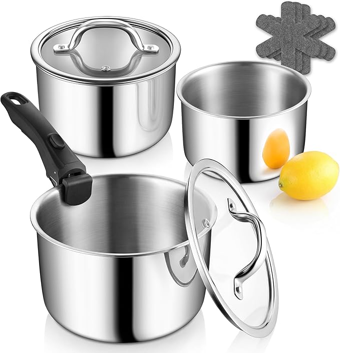 P&ampP CHEF Tri-Ply Stainless Steel Cookware Set of 3 with Removable Handle 9-Pieces Pots and Pans Set Induction 2Qt Saucepan 3Qt Small Pot &amp 4Qt Cooking Pot Oven &amp RV Safe to 500℉ Dishw