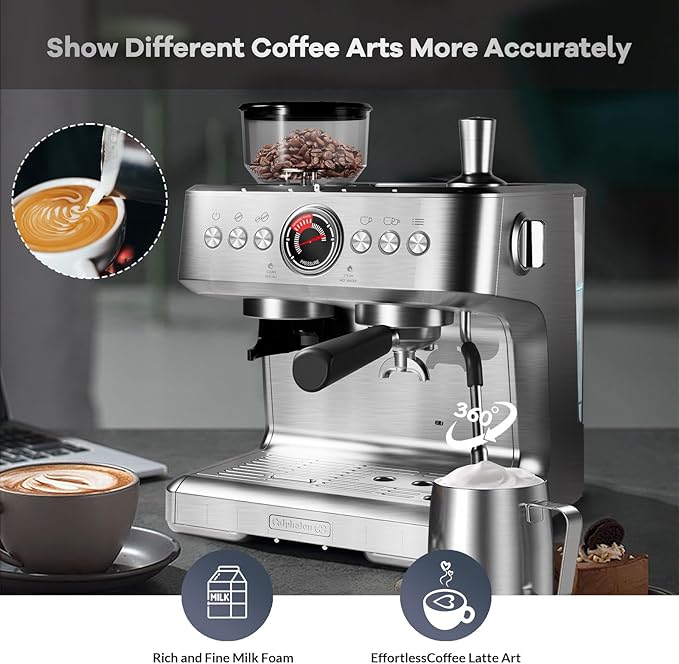 IDEALHOUSE Espresso Machine Stainless Steel Coffee Machine with Built-in Grinder 20 Bar Pressure Espresso Coffee Maker for Home Milk Frother Steam Wand Silver