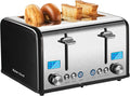 Roter Mond Countdown Stainless Steel 4 Slice Toaster with Bagel Defrost Cancel Function Dual Toaster Extra Wide Slots 6 Shade Settings Removable Crumb Trays 1650W Black