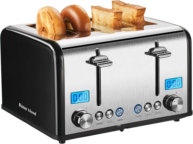 Roter Mond Countdown Stainless Steel 4 Slice Toaster with Bagel Defrost Cancel Function Dual Toaster Extra Wide Slots 6 Shade Settings Removable Crumb Trays 1650W Black