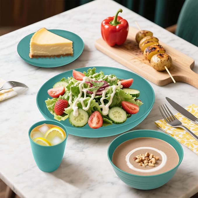 Wheat Straw Dinnerware Sets 32 PCS Dishes Set for 8 Unbreakable Plates and Bowls Sets Microwave Safe Dinnerware Set for Kitchen Outdoor Camping RV - Green