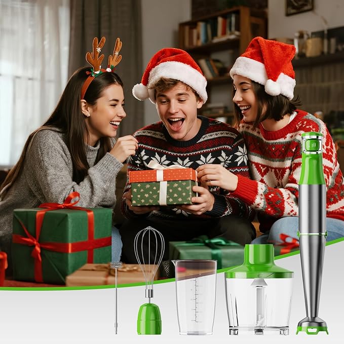 Immersion Blender Handheld Corded Hand Blenders Set 1100W Trigger Variable Speed 5 in 1 Stick Emulsifier with Chopper Whisk and Frother for Soup Baby Food and Smoothies Apple Green