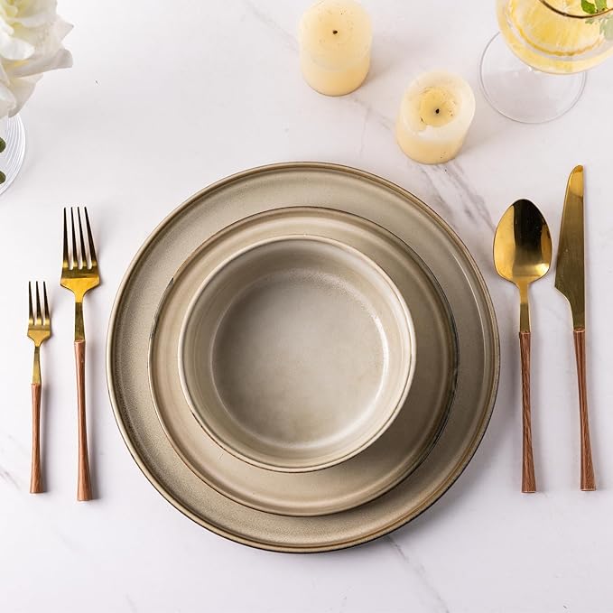 GBHOME Ceramic Dinnerware Sets for 6 18 Pieces Stoneware Plates and Bowls Sets Scratch Resistant Dishes Dishwasher &amp Microwave Safe Reactive Glaze-Cappuccino