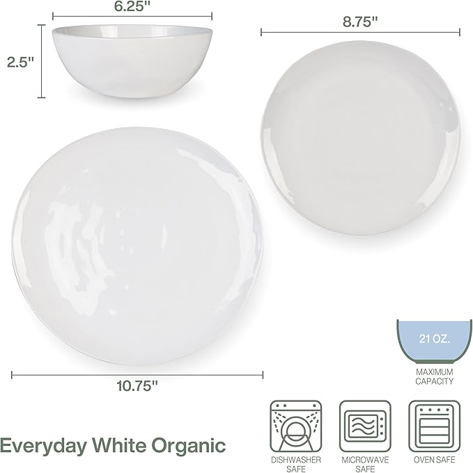 Everyday White Organic 12 piece Dinnerware Set Service for 4